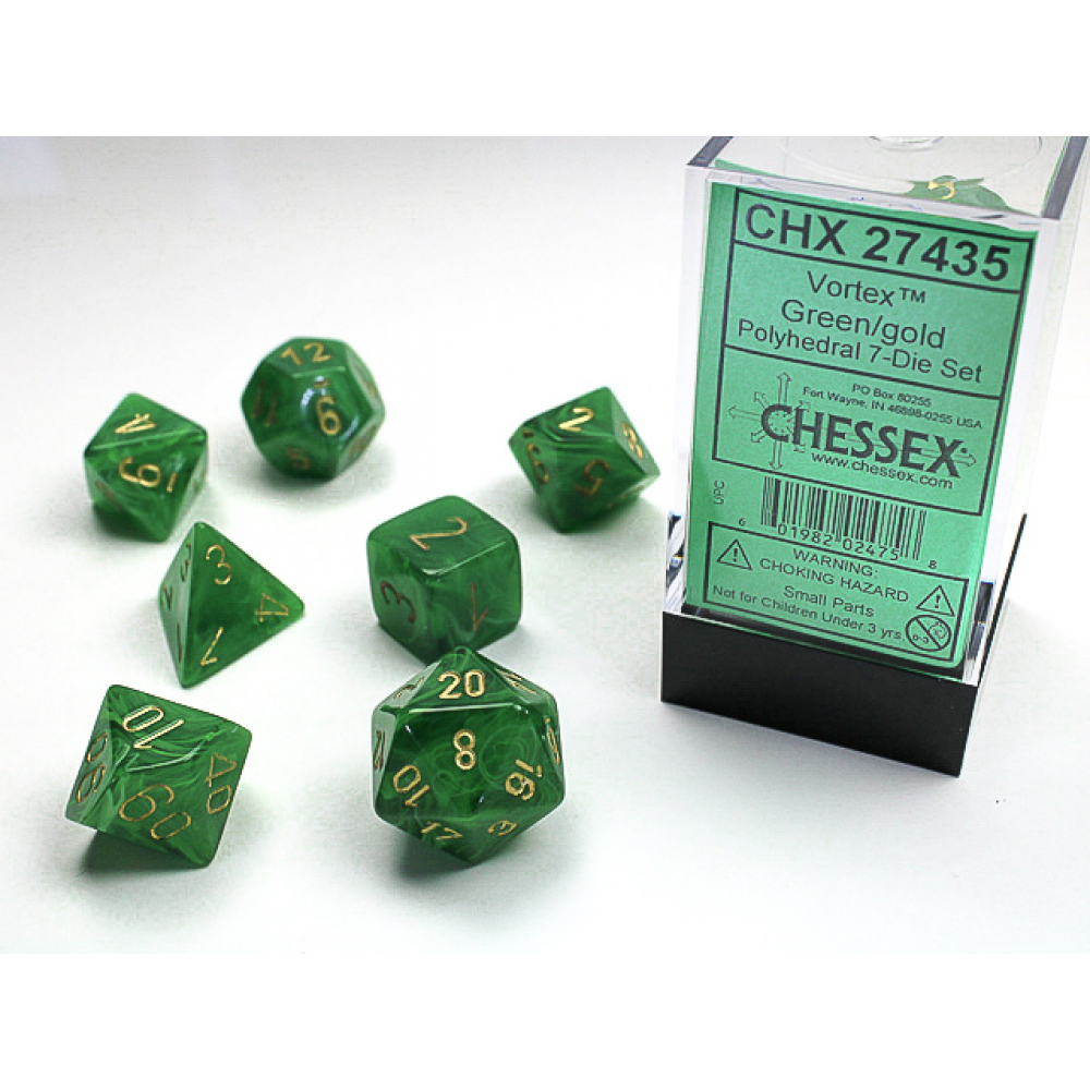 Dés Chessex Set de 7 dés Assortiments Jeux de Rôles Vortex Vert/Or Jeu de Rôle UltraJeux