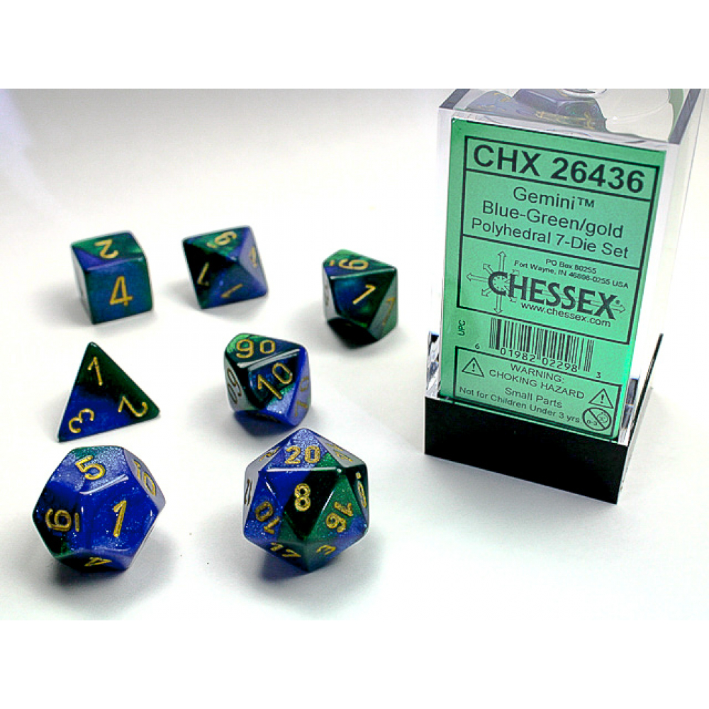 Dés Chessex Set de 7 dés Assortiments Jeux de Rôles Gemini BleuVert/Or Jeu de Rôle