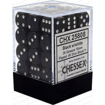 Ds  Chessex - Set de 36 Ds -  6 Faces Couleur - Opaque - Noir/Blanc