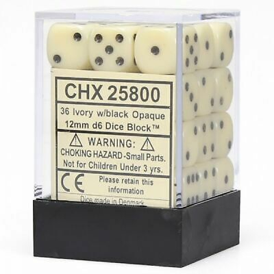 Ds  Chessex - Set de 36 Ds -  6 Faces Couleur - Opaque - Ivoire/Noir - CHX25800