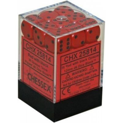 Ds et Gemmes  Chessex - Set de 36 Ds -  6 Faces Couleur - Opaque - Rouge/Noir - CHX25814