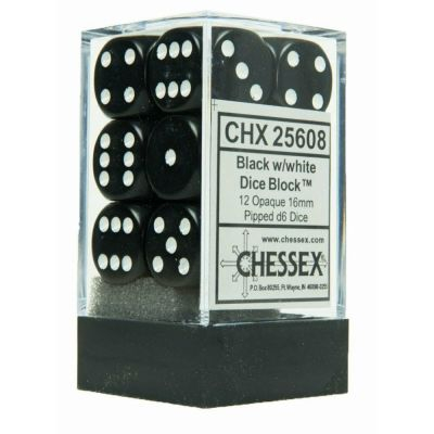 Dés  Chessex - Set de 12 Dés - À 6 Faces Couleur - Opaque - Noir/Blanc - CHX25608