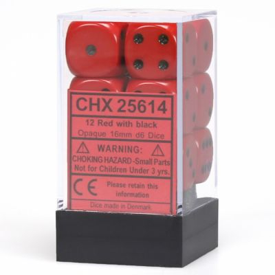 Ds  Chessex - Set de 12 Ds -  6 Faces Couleur - Opaque - Rouge/Noir- CHX25614