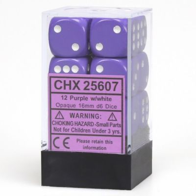 Ds  Chessex - Set de 12 Ds -  6 Faces Couleur - Opaque - Violet/Blanc - CHX25607