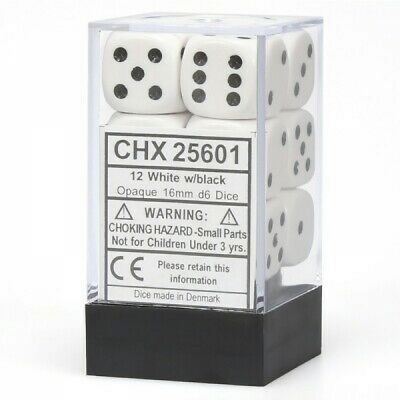 Ds et Gemmes  Chessex - Set de 12 Ds -  6 Faces Couleur - Opaque - Blanc/Noir - CHX25601