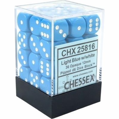 Ds et Gemmes  Chessex - Set de 36 Ds -  6 Faces Couleur - Opaque - Bleu Clair/Blanc - CHX25816