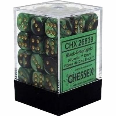 Ds et Gemmes  Chessex - Set de 36 Ds -  6 Faces Couleur - Gemini Noir - Vert/Or - CHX26839