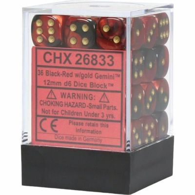 Ds  Chessex - Set de 36 Ds -  6 Faces Couleur - GEMINI - Noir - Rouge/Or