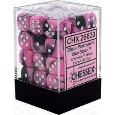 Ds  Chessex - Set de 36 Ds -  6 Faces Couleur - GEMINI - Noir - Rose/Blanc - CHX26830