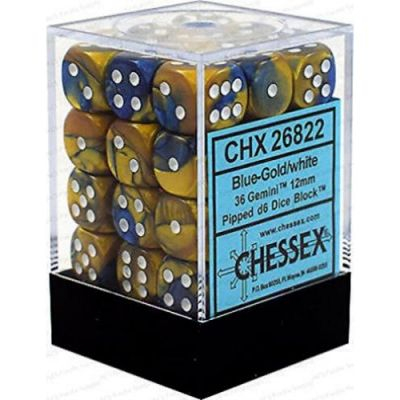 Ds  Chessex - Set de 36 Ds -  6 Faces Couleur - GEMINI - Bleu - Or/Blanc - CHX26822