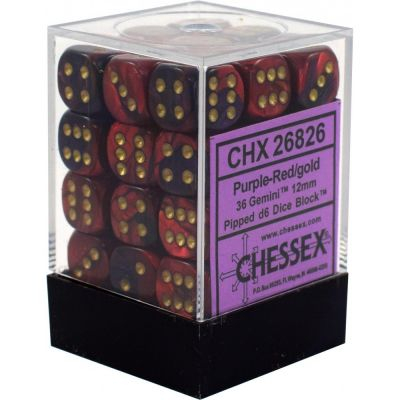 Ds et Gemmes  Chessex - Set de 36 Ds -  6 Faces Couleur - Gemini - Violet - Rouge/Or