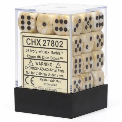 Ds  Chessex - Set de 36 Ds -  6 Faces Couleur - MARBLE - IVORY/NOIR CHX27802