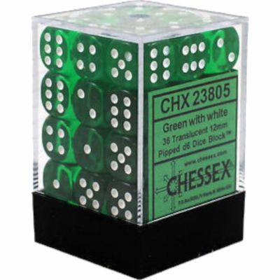 Ds  Chessex - Set de 36 Ds -  6 Faces Couleur - Transparent - Vert/Blanc - CHX23805