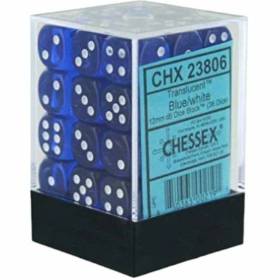 Dés  Chessex - Set de 36 Dés - À 6 Faces Couleur - Transparent - Bleu/Blanc - CHX23806