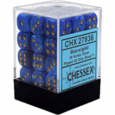 Ds et Gemmes Jeu de Rle Chessex - Set de 36 Ds -  6 Faces Couleur - Vortex - Blue/Gold - CHX27836