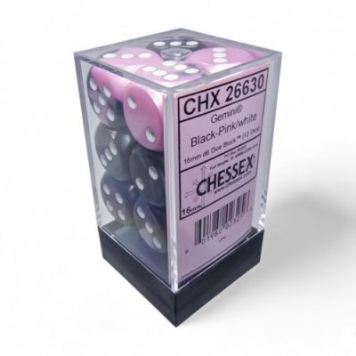 Ds et Gemmes Jeu de Rle Chessex - Set de 12 Ds -  6 Faces Couleur - Gemini - Black-Pink/White - CHX 26630