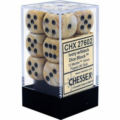 Ds et Gemmes Jeu de Rle Chessex - Set de 12 Ds -  6 Faces Couleur - Marble - Ivory/Black - CHX27602