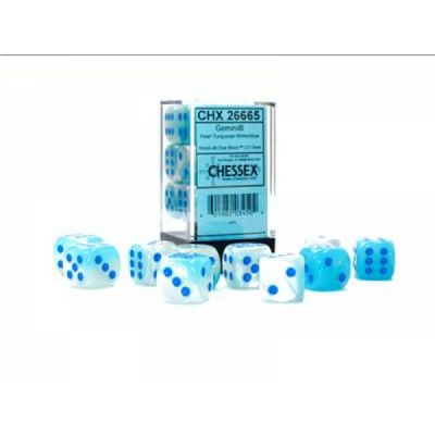Ds et Gemmes Jeu de Rle Chessex - Set de 12 Ds -  6 Faces Couleur - Gemini - Pearl Turquoise-White/blue - CHX 26665