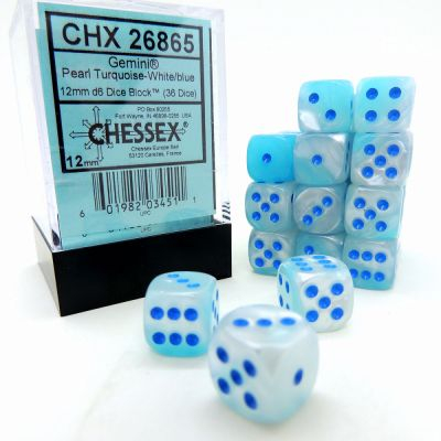 Ds et Gemmes Jeu de Rle Chessex - Set de 36 Ds -  6 Faces Couleur - Gemini - Pearl Turquoise-White/blue - CHX26865