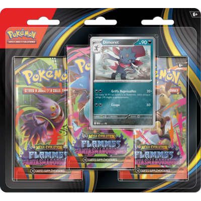 Pokémon Blister Méga-Évolution – Flammes Fantasmagoriques – 3 Boosters + Carte Promo Brillante Dimoret